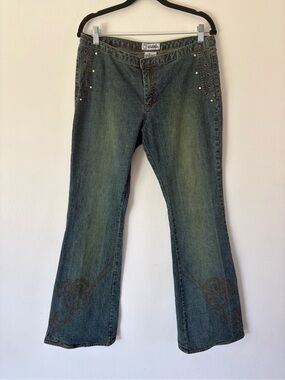 Gasoline Vintage Y2K Embroidered Pearl Beaded Flare Leg Low Rise Stretch Jeans‎